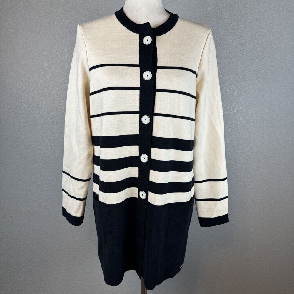 Saint James Womens Long Button Up Cardigan Size 8 Navy Ivory Stripe Wool Pockets